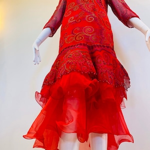 Vintage 80s Red Vibrant Zandra Rhodes Silk Tulle Party Dress Vintage Couture