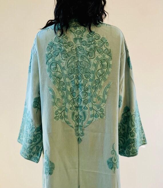 60s Bohemian Sage Green Embroidered Moroccan Wool… - image 2