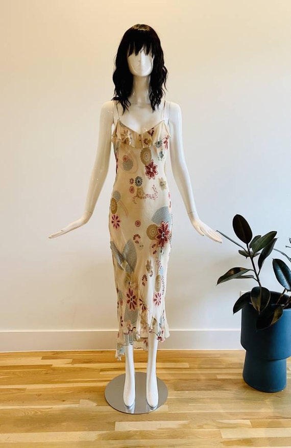 90s Silk Bias Floral Slip Dress / Lapis beaded Flo