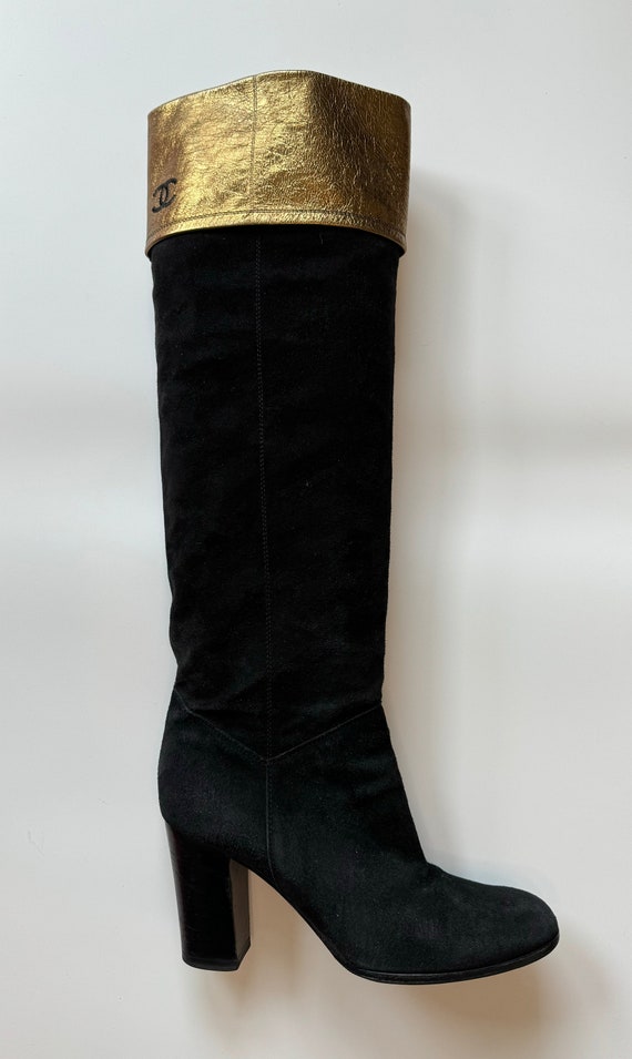 CHANEL Knee High Black Suede and Leather Logo Boo… - image 4