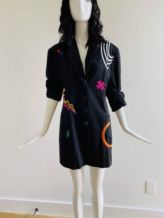 90s Oversized Black Embroidered Blazer / Pop Art … - image 2