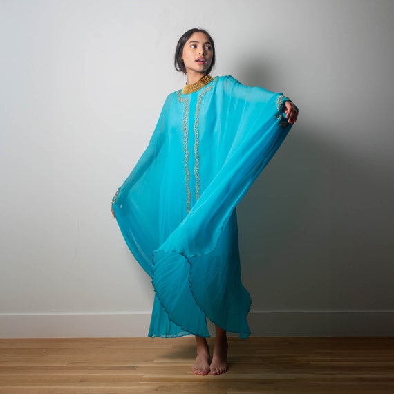 60s Georgie Keyloun Turquoise Blue Silk Chiffon E… - image 3