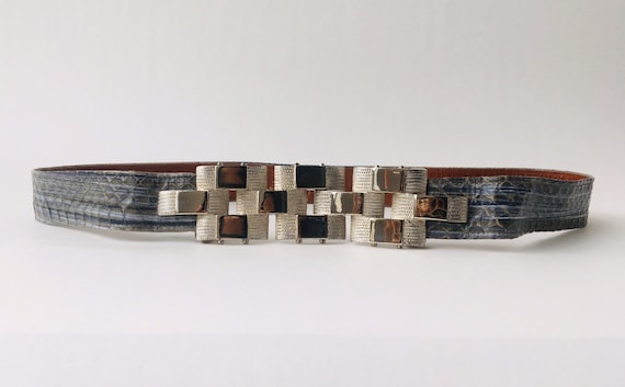 Vintage Snake Skin Belt / Oversized Buckle / Grey