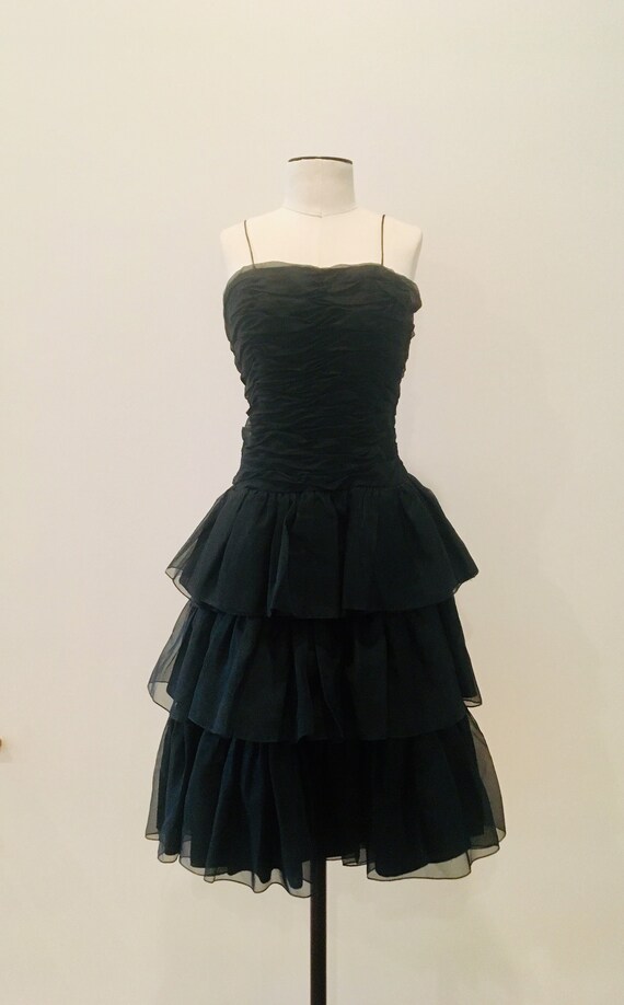 80s Black TAFFETA Party Dress / Vintage Black Par