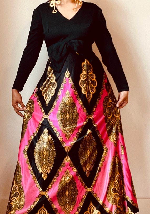 60s/70s Rare Pink and Gold Damask Maxi Dress Long… - image 1