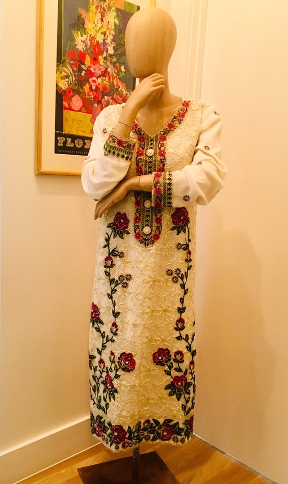 Vintage Indian Kaftan / Floral Wedding Dress / 60s