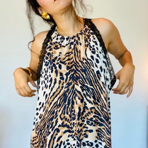 Vintage Lucie Ann Nylon Caftan: Animal Print Lace Trim, Beverly Hills