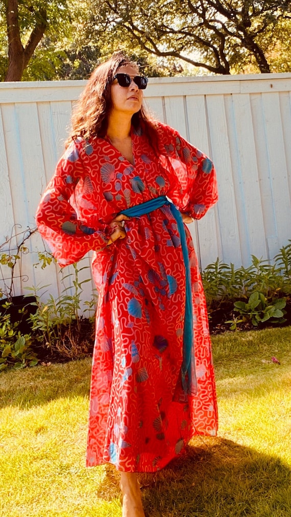 Zandra RHODES 70s Red Chiffon Wiggle Shell Maxi D… - image 3