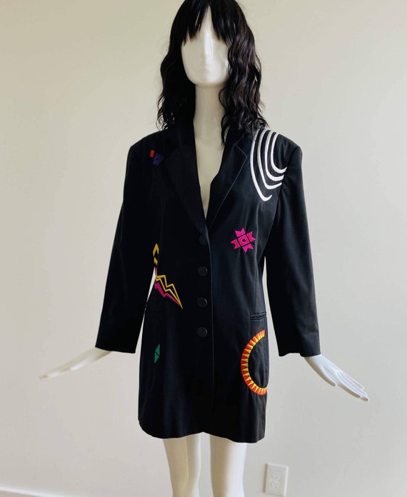 90s Oversized Black Embroidered Blazer / Pop Art … - image 5