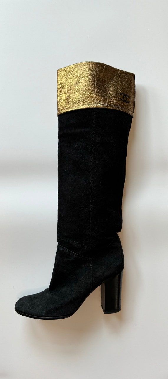 CHANEL Knee High Black Suede and Leather Logo Boo… - image 3