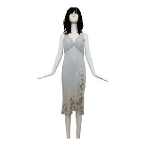 90s Catherine MELANDRINO Grey Silk Bias Embroidered Midi Dress