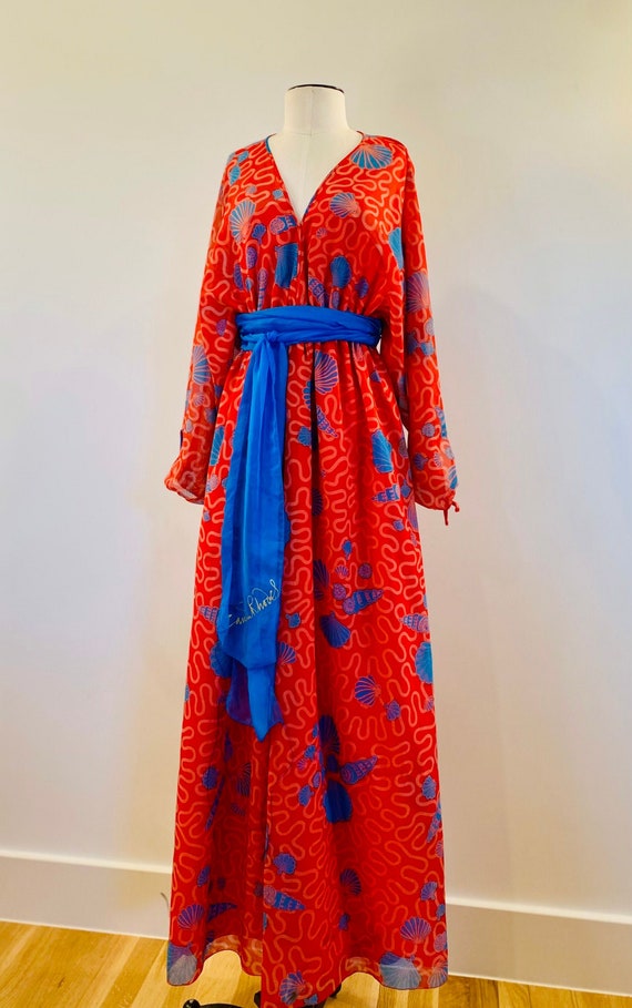 Zandra RHODES 70s Red Chiffon Wiggle Shell Maxi D… - image 4