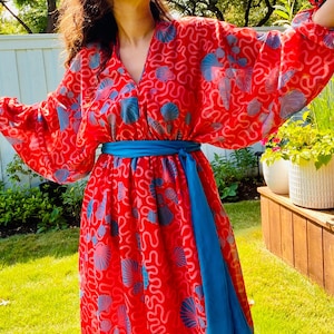 Zandra RHODES 70s Red Chiffon Wiggle Shell Maxi Dress Gown Signed Sash