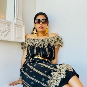 70s Zandra RHODES London Silk Iconic Print Black off The Shoulders Dress Medium