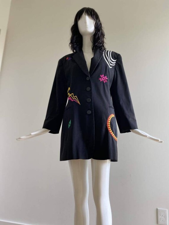 90s Oversized Black Embroidered Blazer / Pop Art E