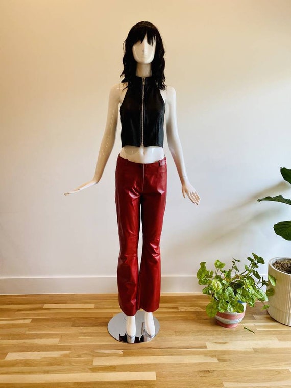 90s Flare Red Leather Pants / 90s Leather Jeans /