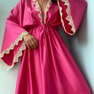 Zandra RHODES 70s Magenta Satin Lace Trimmed Maxi Dress Gown