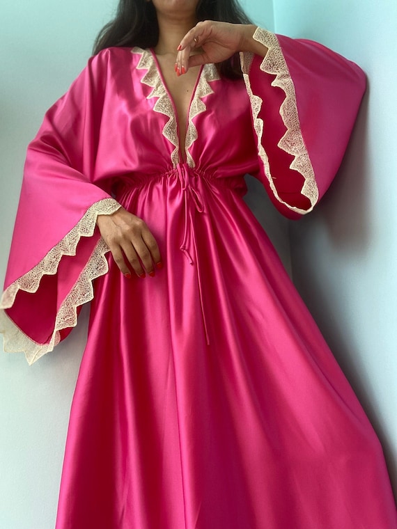 Zandra RHODES 70s Magenta Satin Lace Trimmed Maxi… - image 1