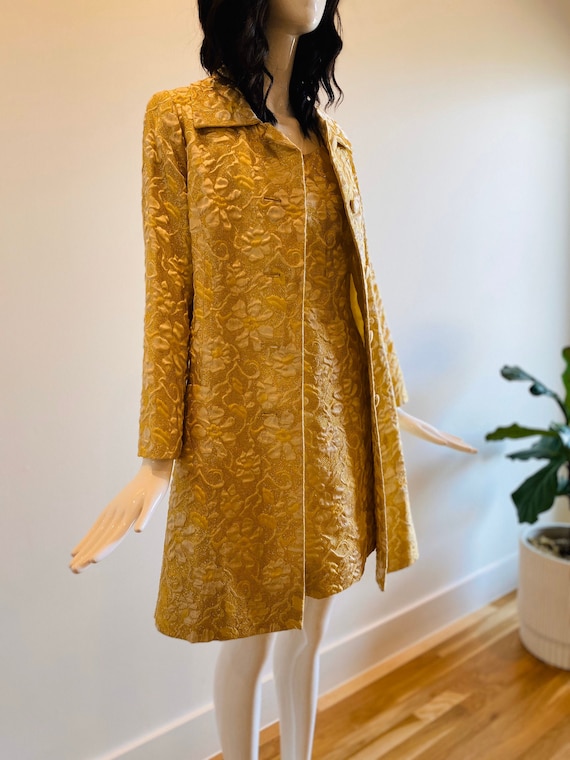 60s Gold Brocade Wiggle Mod Dress with Gold Brocad