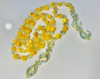 Glamorous Hand Knotted Yellow Crystal Look Lariat Long Necklace Estate Jewelry