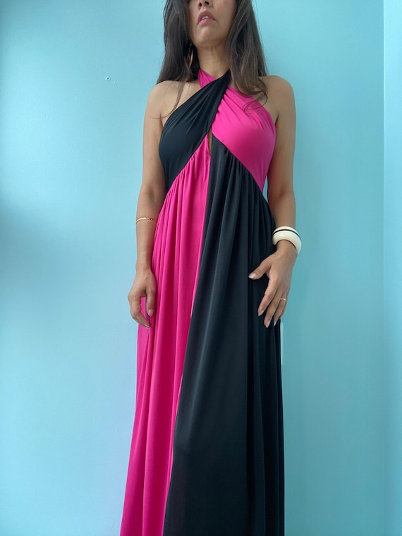 color block jersey dress Panel Print Colorblock Knit Scoop Neck Jersey Maxi Dress (Fuchsia)