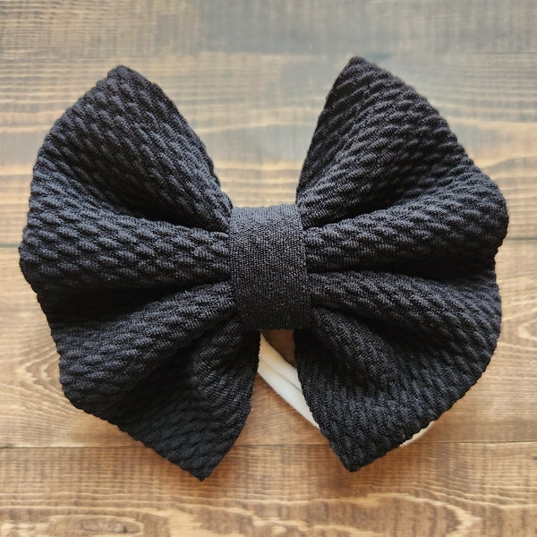 Black Bow, Black Bow Headband, Hair Bow Black, Baby Bow, Nylon Baby Headband, Baby Girl Bow, Black Bow Infant, Bow on Nylon, Black Hair Bow