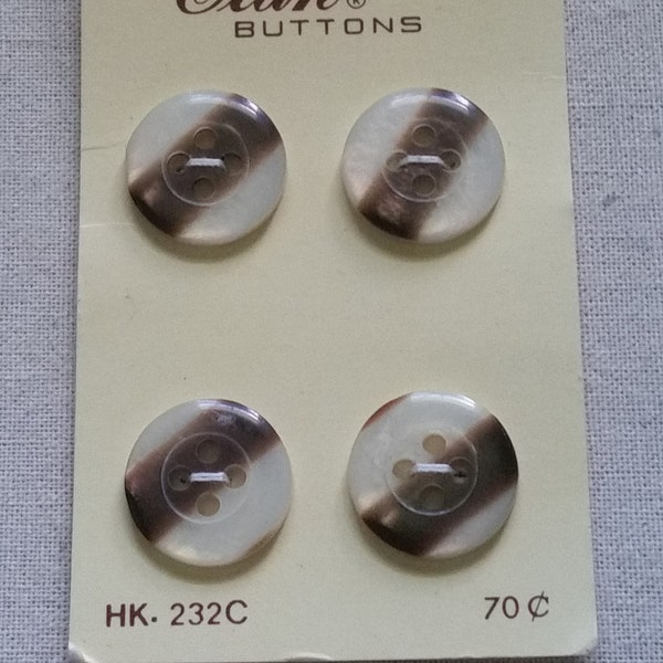 Elan Vintage Button Set of 4  Ivory and Brown Carded 4 hole, size 24  5/8", Washable