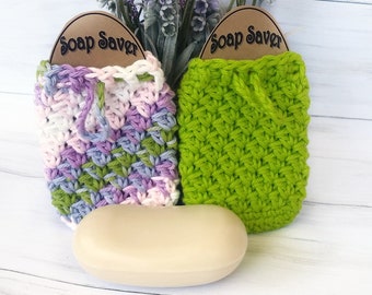 Soap Saver Sack Set of 2, Cotton Soap Holder, Soap Pouch with Drawstring, Reusable Eco Friendly Soap Pocket, Lime & Pastel Stripes