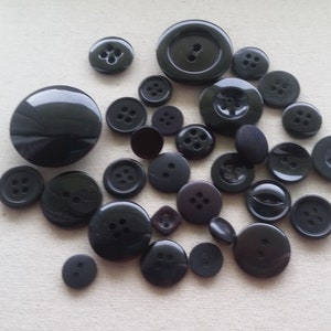 Vintage Shades of Black Buttons Lot of 30 Various Sizes and Types