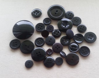 Vintage Shades of Black Buttons Lot of 30 Various Sizes and Types