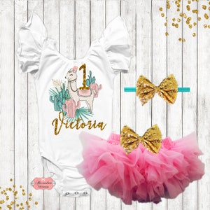 PERSONALIZED BIRTHDAY SET, Flutter Sleeve Bodysuit, Llama Birthday Set, Matching Headband, Pink, Gold and Teal