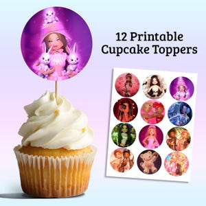 Peut inclure: 12 toppers de cupcake imprimables représentant différentes images de poupées avec des coiffures, des tenues et des accessoires variés. Les toppers sont conçus pour une fête d'anniversaire ou une occasion spéciale.