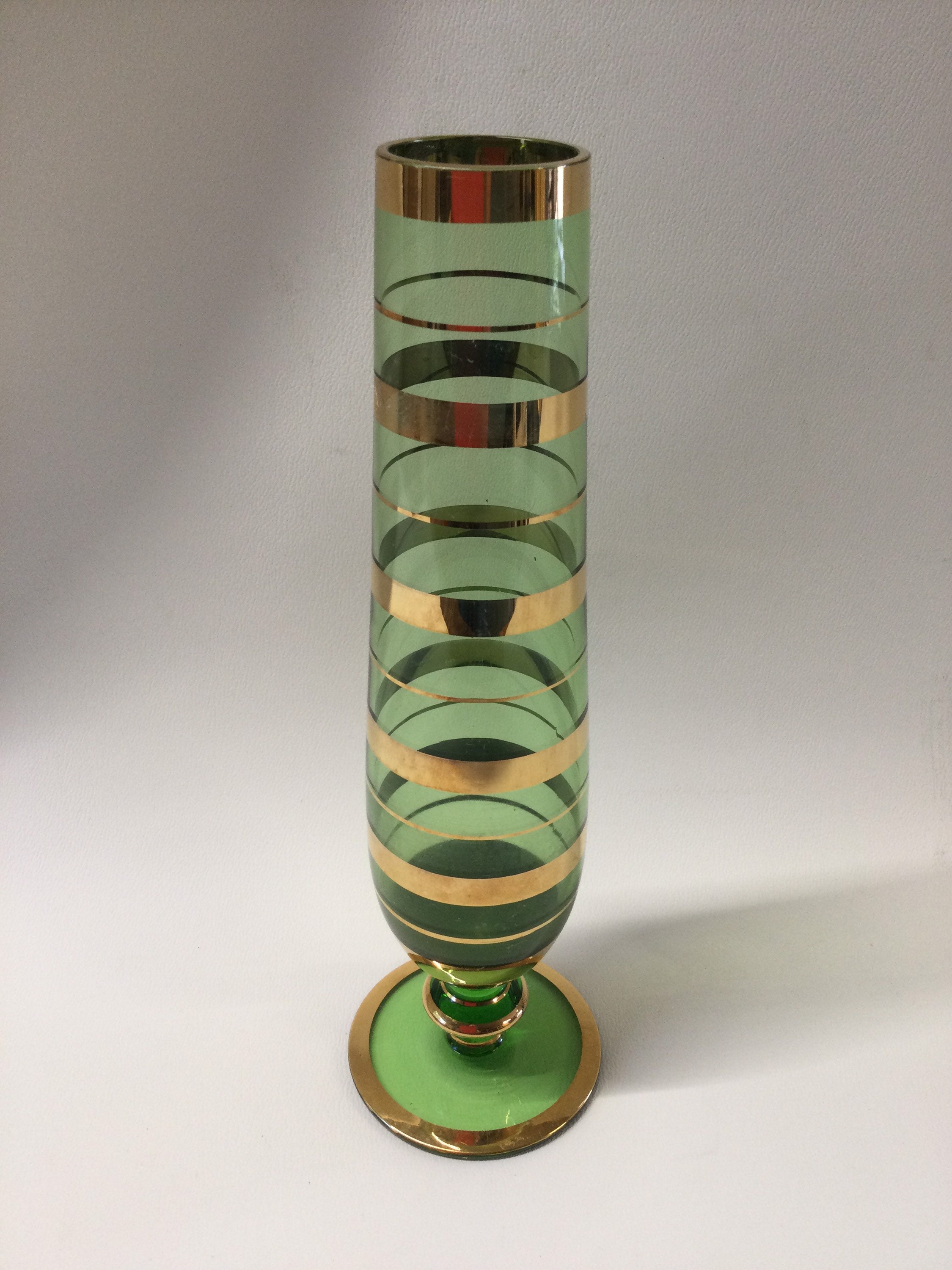 Vintage Green Glass Vase with Gold Stripe Etsy