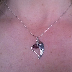 Silver Heart Necklace, Angel Wing Heart Necklace, Inspirational Necklace, Guardian Angel Necklace, Heart Necklace, Angel Wing Birthstone