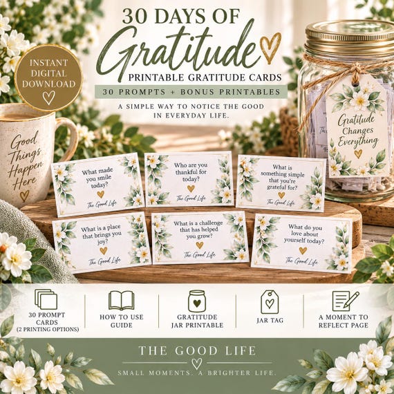 30 Day Gratitude Cards Printable Gratitude Jar Prompts Mindfulness Cards Self Care Gift Positive Affirmation Daily Reflection Gift Digital