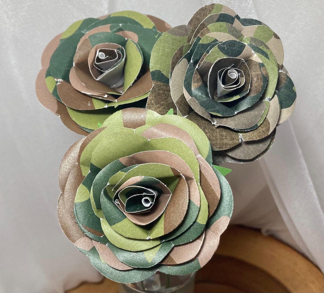 Hand Cut Camouflage Paper Roses - Military Gift, 3 Stems 2 Color ...