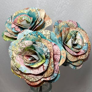 Paper Map Roses 3 Stems Cut by Hand from Bright Multi Colored Paper