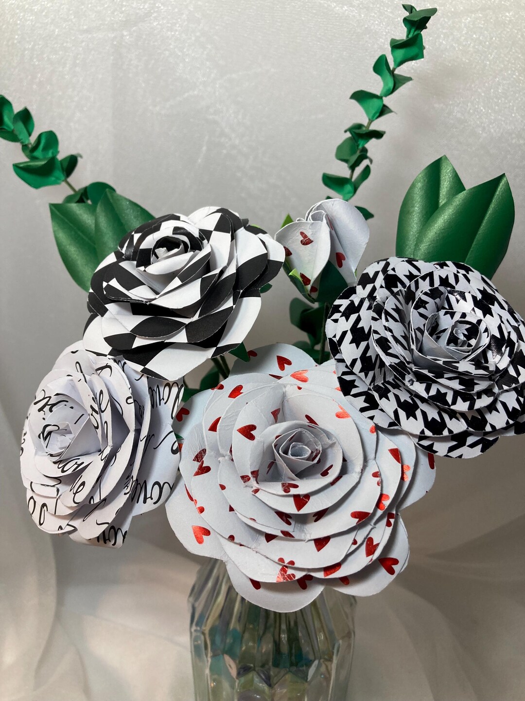 Fresh Cut Paper Roses Hand Cut Paper Rose Bouquet: Black, White and Red Hearts, 9 Stems Total ...