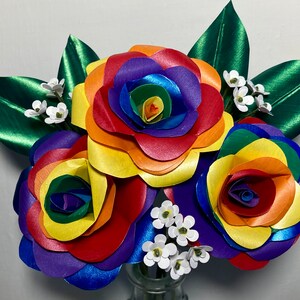 Paper Rainbow Roses Hand Cut 3 Stems Painted with Metallic Acrylic