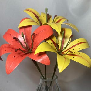 Paper Lilies Hand Cut Flowers 3 Stems in Orange and Yellow