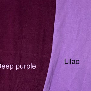 May include: A split image showcasing two fabric swatches. One side displays a deep purple hue, while the other presents a soft lilac color. Text labels identify each color, providing a clear visual reference for fabric selection.