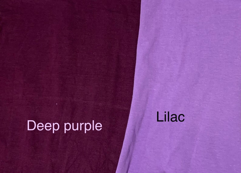 May include: A split image showcasing two fabric swatches. One side displays a deep purple hue, while the other presents a soft lilac color. Text labels identify each color, providing a clear visual reference for fabric selection.