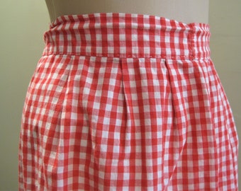 Red Vintage Red & White Gingham Checked Apron / VTG Cotton Half Apron with Black Cross Stitch