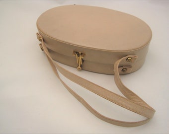Vintage Tan Beige Leather Oval Handbag / VTG Lennox Novelty Hardside Purse with Double Top Straps