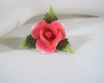 Vintage  Deep Pink Rose Brooch / Matte Bisque Porcelain Flower Pin