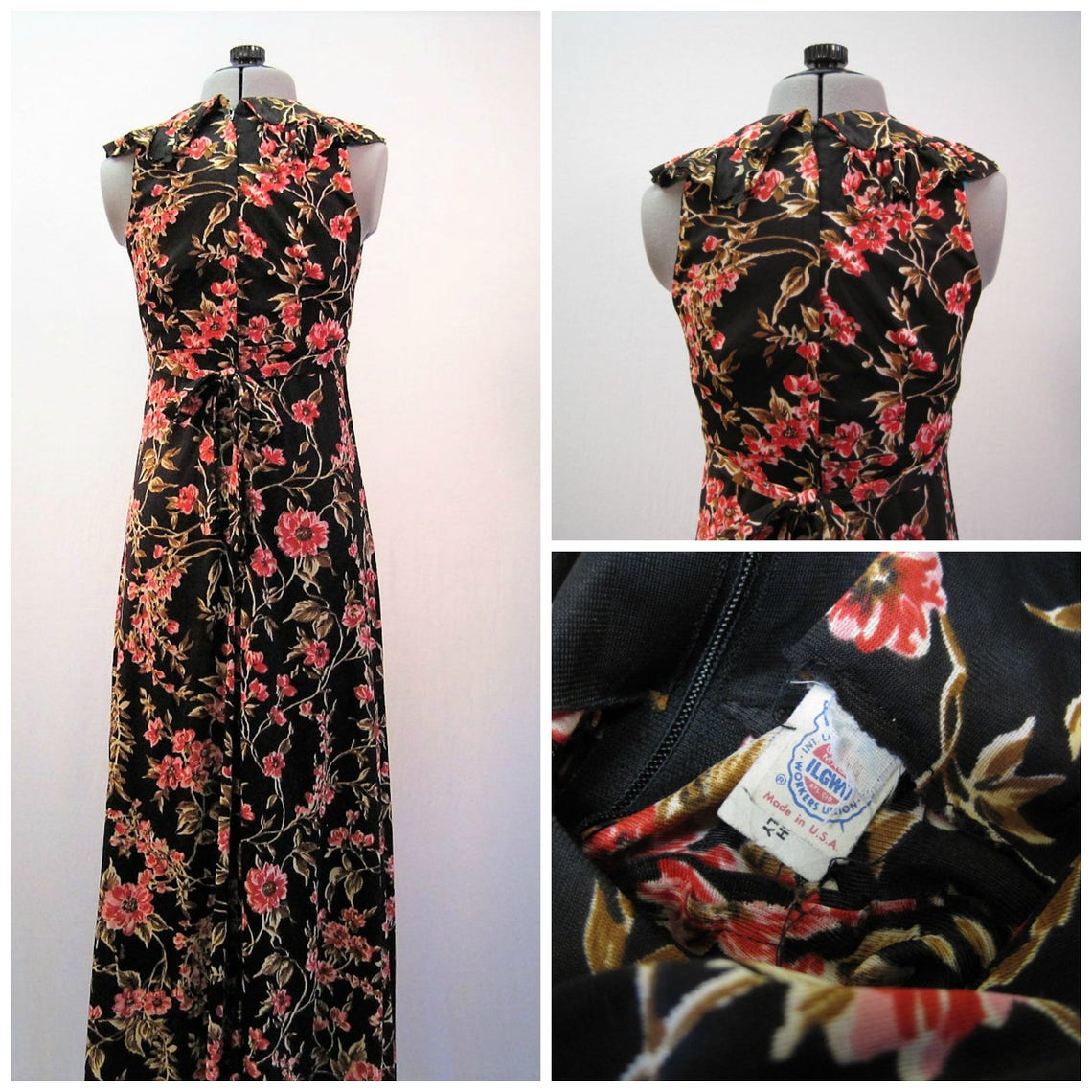 Vintage 70s Floral Print Maxi Dress / Boho Ruffel Collar Festival Long ...