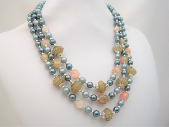 Vintage Mid Century Blue Beaded Necklace / VTG 50… - image 8