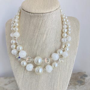 Vintage STAR Beaded Choker / VTG White Double Strand Mid Century Necklace