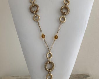 Retro Style Gold Circle Link Necklace, Geometric Mesh Chain Interlocking Circle Long Necklace