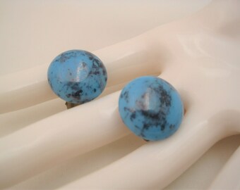 Vintage Blue & Grey Marbelized Earrings / Classic Mid Century Button Clip On Earrings